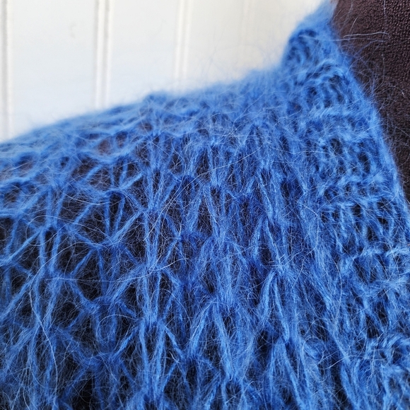 Handmade Fuzzy Mohair Wool Cardigan Sweater Women's Blue Dropped Shoulder Sz M - Picture 4 of 12